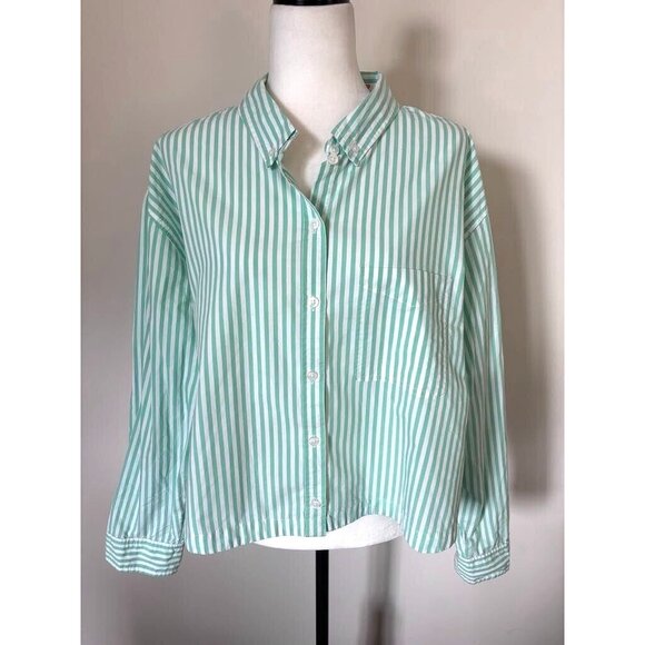 NWT AMERICAN EAGLE Top Size XL Long Sleeve Green White Striped Contrasting Cuffs - Picture 2 of 10